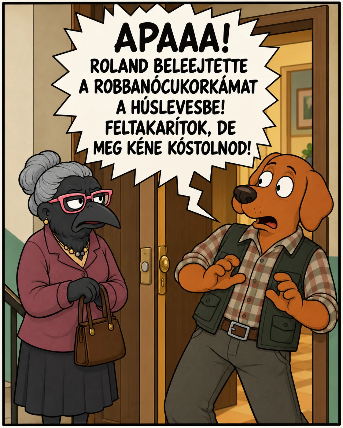 A néni kiabálva közli, hogy Roland beleejtette a robbanócukorkáját a húslevesbe, ezért fel kell takarítania, de Gábornak meg is kellene kóstolnia.