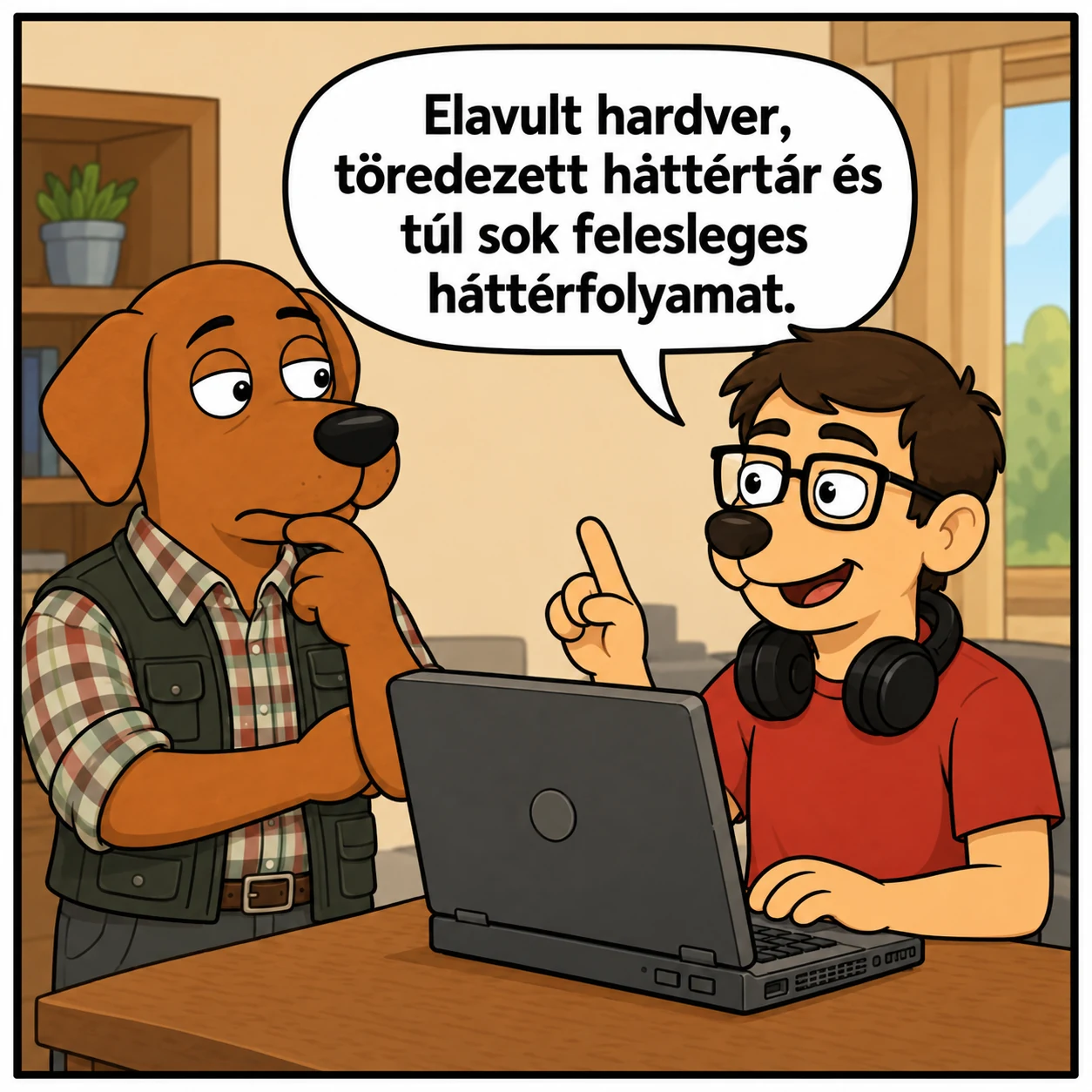 Zsolti elmagyarázza, hogy a gép elavult, töredezett háttértárú és tele van fölösleges háttérfolyamatokkal.