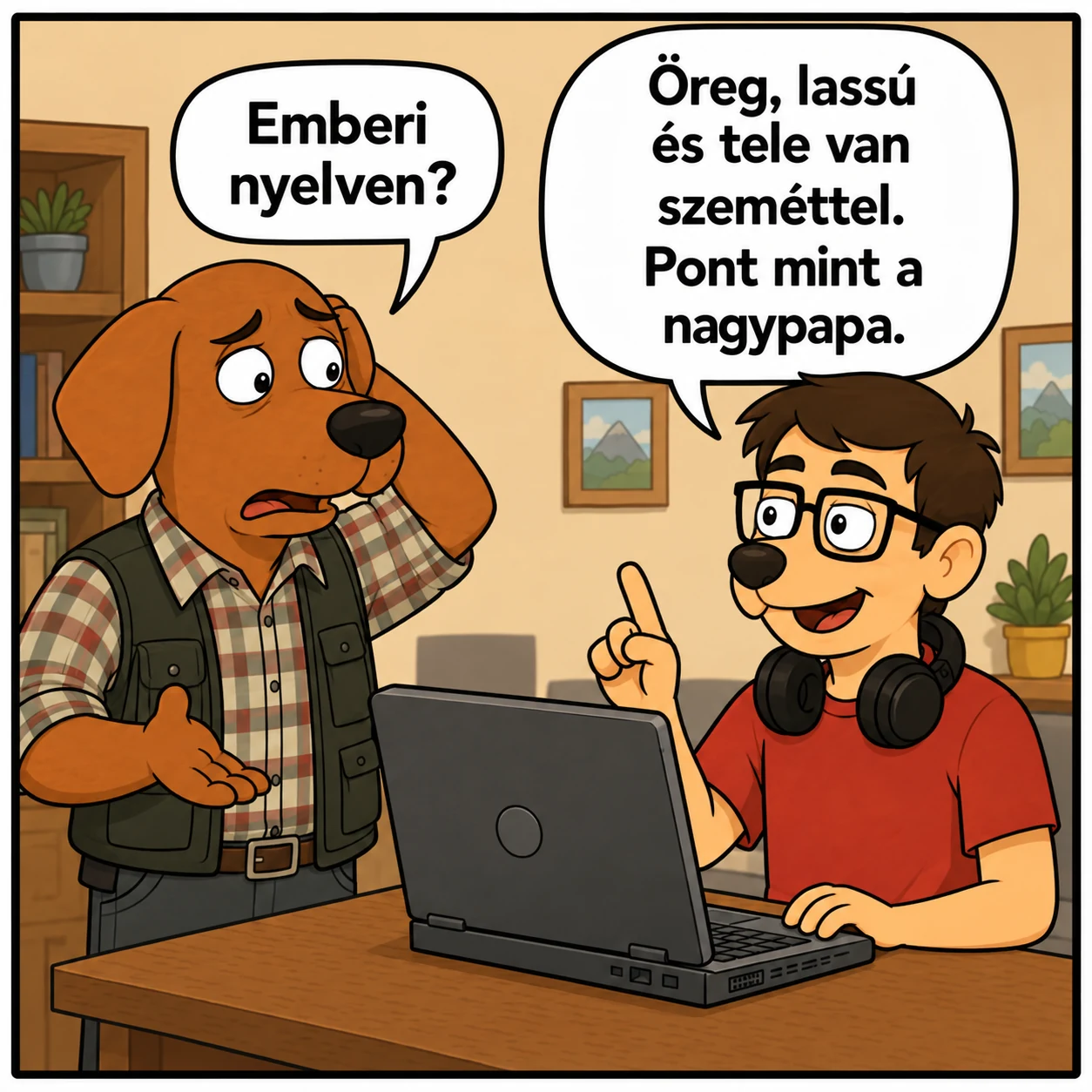 Zsolti hozzáteszi, hogy a gép pont olyan, mint a nagypapa, mire Gábor döbbenten kérdez vissza.